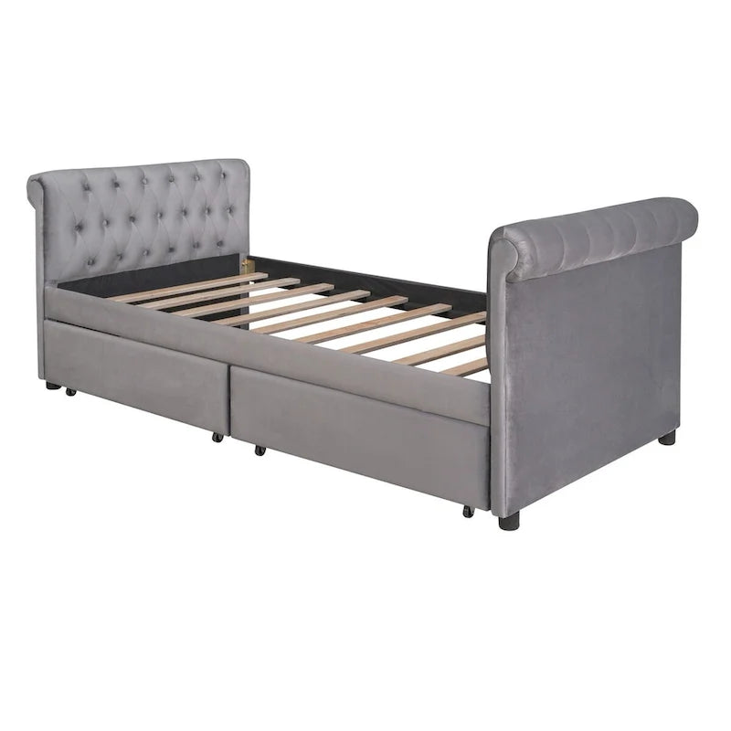 Lit de repos simple rembourré beige/gris avec tiroirs, lattes en bois, 1 personne