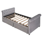 Lit de repos simple rembourré beige/gris avec tiroirs, lattes en bois, 1 personne