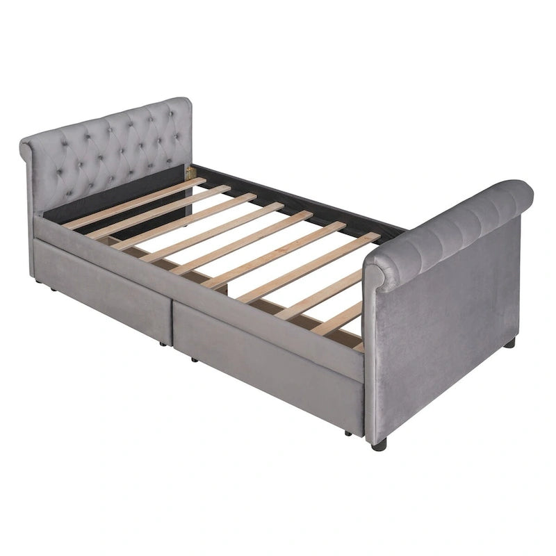 Lit de repos simple rembourré beige/gris avec tiroirs, lattes en bois, 1 personne