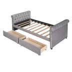 Lit de repos simple rembourré beige/gris avec tiroirs, lattes en bois, 1 personne