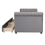 Lit de repos simple rembourré beige/gris avec tiroirs, lattes en bois, 1 personne