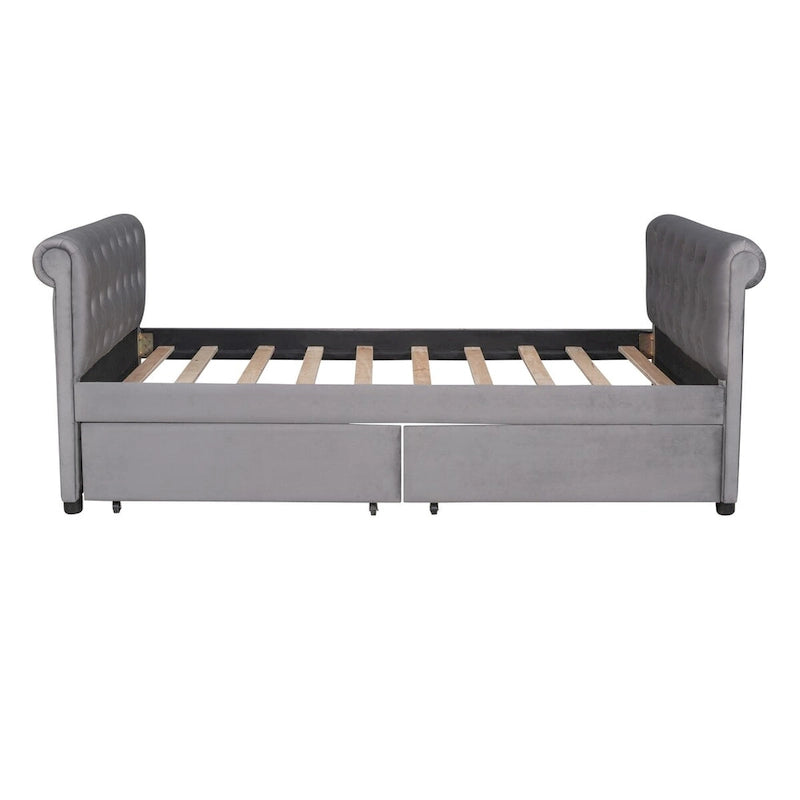 Lit de repos simple rembourré beige/gris avec tiroirs, lattes en bois, 1 personne