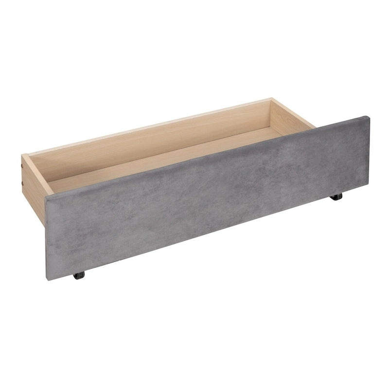 Lit de repos simple rembourré beige/gris avec tiroirs, lattes en bois, 1 personne