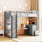 Lit mezzanine jumeau gris/marron avec bureau, étagères et échelle – Simple
