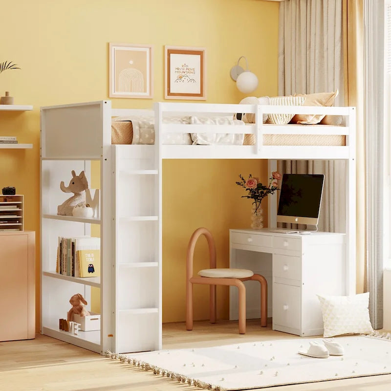Lit mezzanine jumeau gris/marron avec bureau, étagères et échelle – Simple