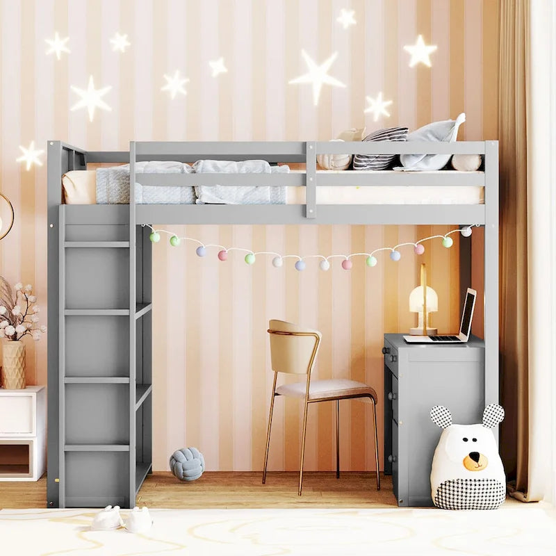 Lit mezzanine jumeau gris/marron avec bureau, étagères et échelle – Simple