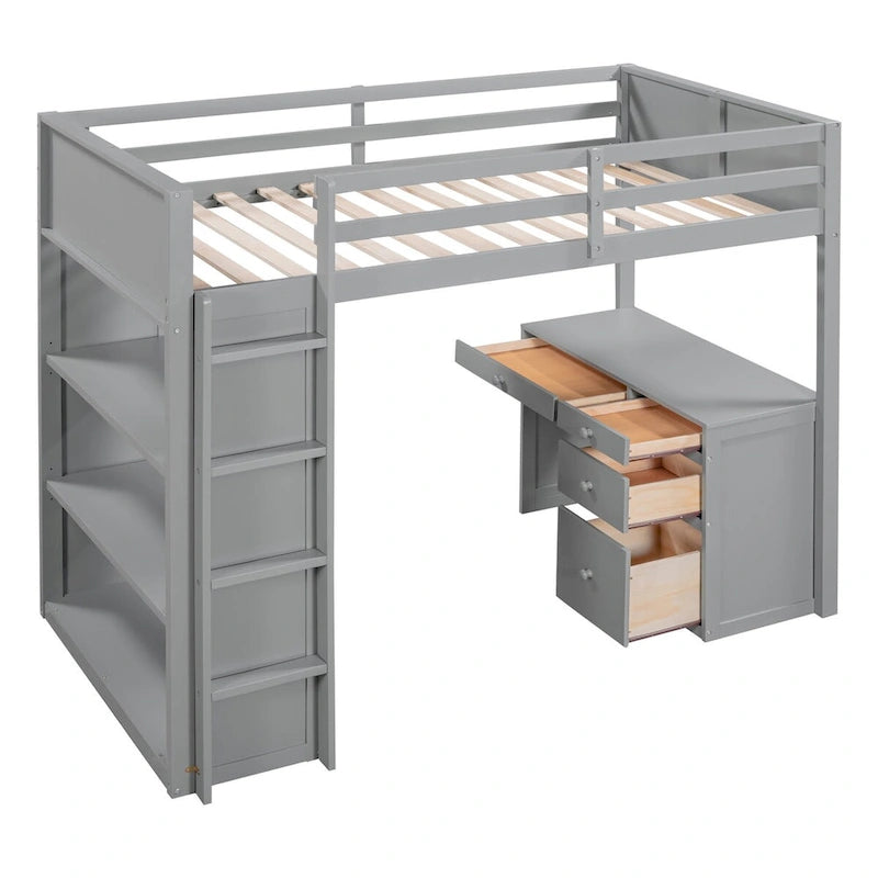 Lit mezzanine jumeau gris/marron avec bureau, étagères et échelle – Simple