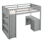 Lit mezzanine jumeau gris/marron avec bureau, étagères et échelle – Simple