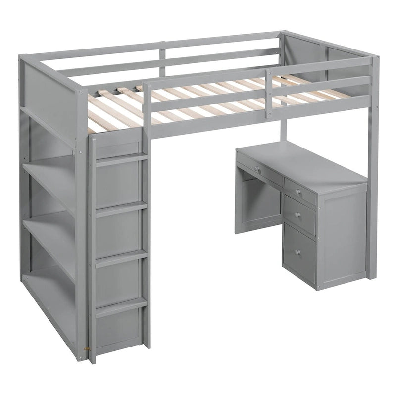 Lit mezzanine jumeau gris/marron avec bureau, étagères et échelle – Simple