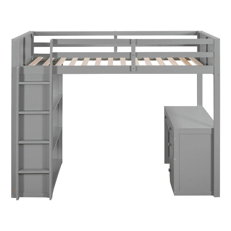 Lit mezzanine jumeau gris/marron avec bureau, étagères et échelle – Simple
