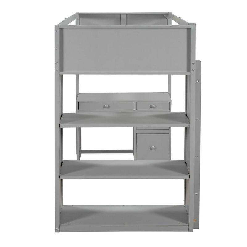 Lit mezzanine jumeau gris/marron avec bureau, étagères et échelle – Simple