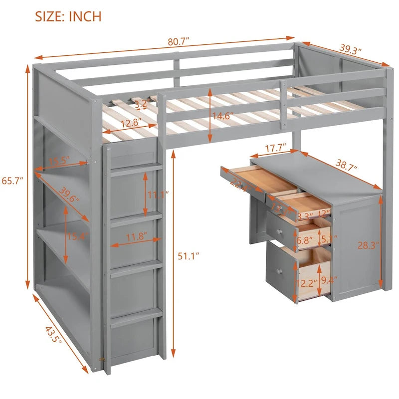 Lit mezzanine jumeau gris/marron avec bureau, étagères et échelle – Simple