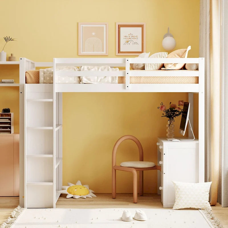 Lit mezzanine jumeau gris/marron avec bureau, étagères et échelle – Simple