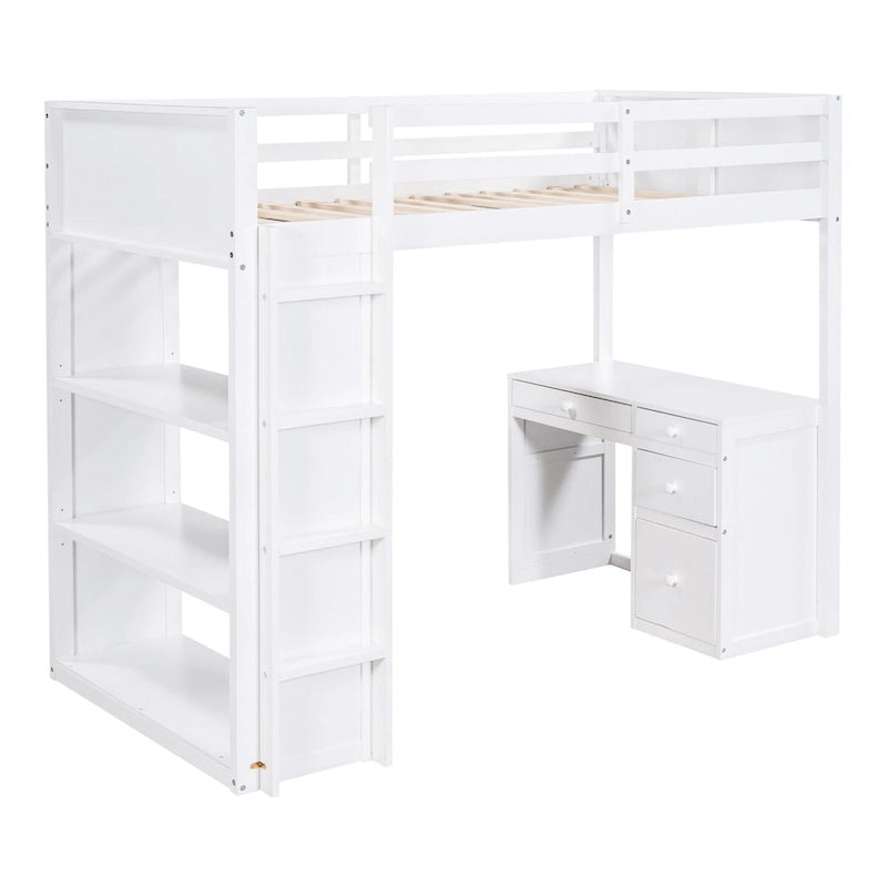 Lit mezzanine jumeau gris/marron avec bureau, étagères et échelle – Simple
