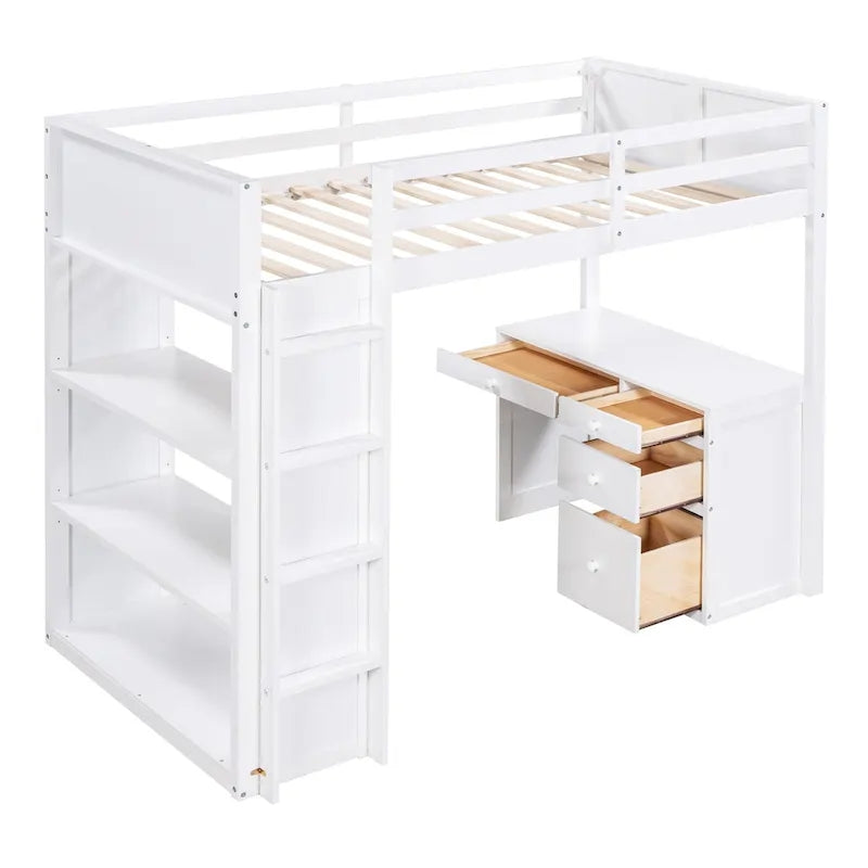 Lit mezzanine jumeau gris/marron avec bureau, étagères et échelle – Simple