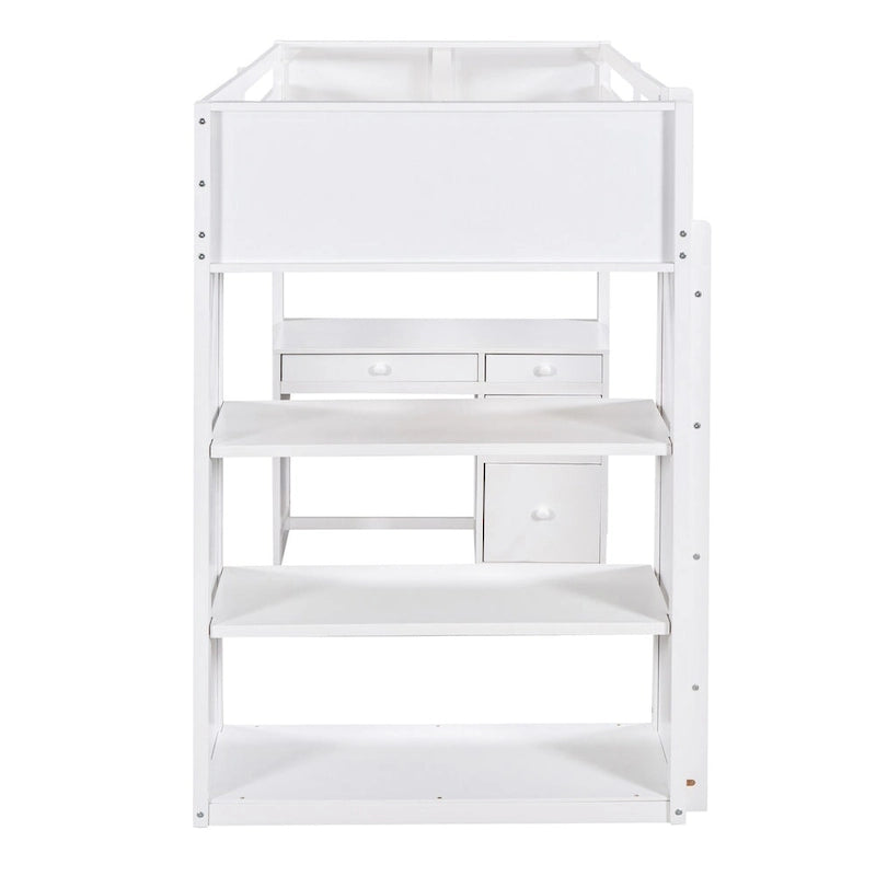Lit mezzanine jumeau gris/marron avec bureau, étagères et échelle – Simple