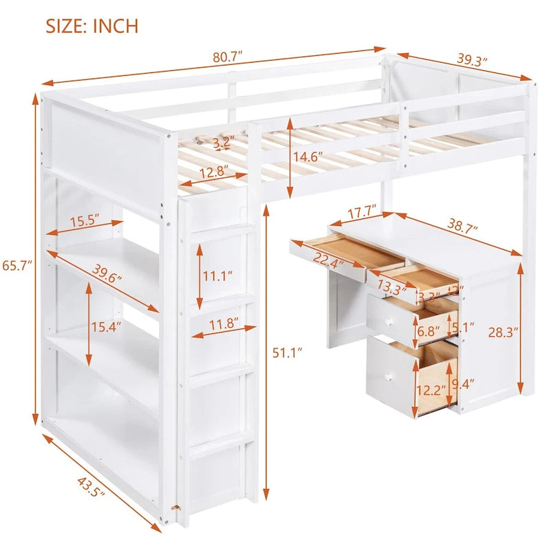 Lit mezzanine jumeau gris/marron avec bureau, étagères et échelle – Simple