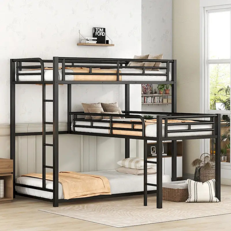 Lit superposé triple en métal noir en forme de L, taille jumeau, 3 couchages