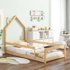 Twin Size Wood bed with House-shaped Headboard Floor bed with Fences