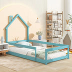 Lit jumeau à même le sol avec tête de lit en forme de maison et barrières de sécurité, vert clair/bleu/naturel, 1 place