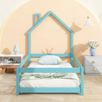 Lit jumeau à même le sol avec tête de lit en forme de maison et barrières de sécurité, vert clair/bleu/naturel, 1 place