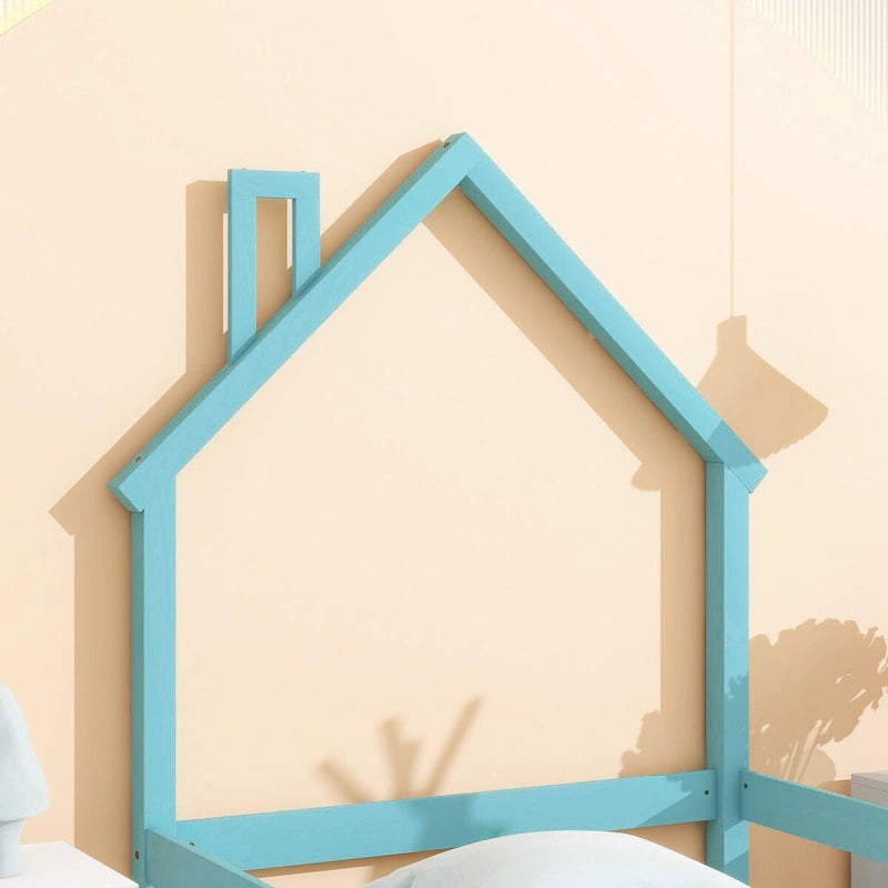 Lit jumeau à même le sol avec tête de lit en forme de maison et barrières de sécurité, vert clair/bleu/naturel, 1 place