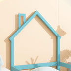 Lit jumeau à même le sol avec tête de lit en forme de maison et barrières de sécurité, vert clair/bleu/naturel, 1 place
