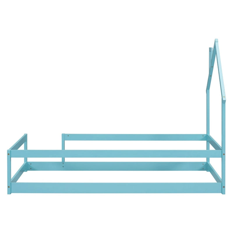 Lit jumeau à même le sol avec tête de lit en forme de maison et barrières de sécurité, vert clair/bleu/naturel, 1 place