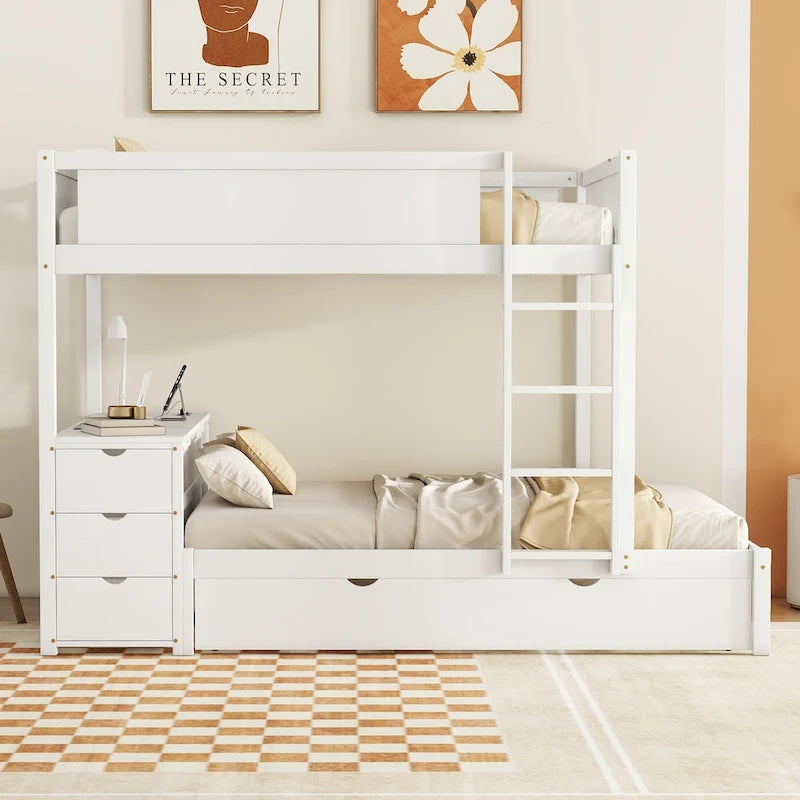 Lit superposé double avec lit gigogne, bureau et rangement blanc et noyer / blanc, 3 couchages