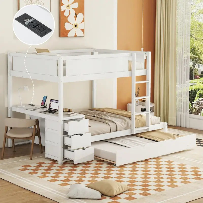 Lit superposé double avec lit gigogne, bureau et rangement blanc et noyer / blanc, 3 couchages