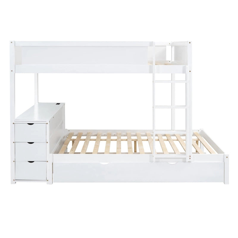Lit superposé double avec lit gigogne, bureau et rangement blanc et noyer / blanc, 3 couchages