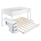 Lit superposé double avec lit gigogne, bureau et rangement blanc et noyer / blanc, 3 couchages