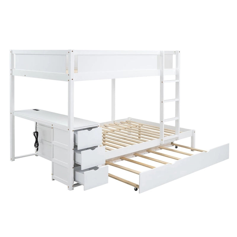 Lit superposé double avec lit gigogne, bureau et rangement blanc et noyer / blanc, 3 couchages