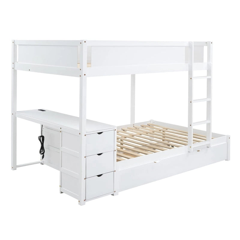 Lit superposé double avec lit gigogne, bureau et rangement blanc et noyer / blanc, 3 couchages