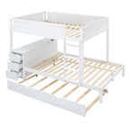 Lit superposé double avec lit gigogne, bureau et rangement blanc et noyer / blanc, 3 couchages