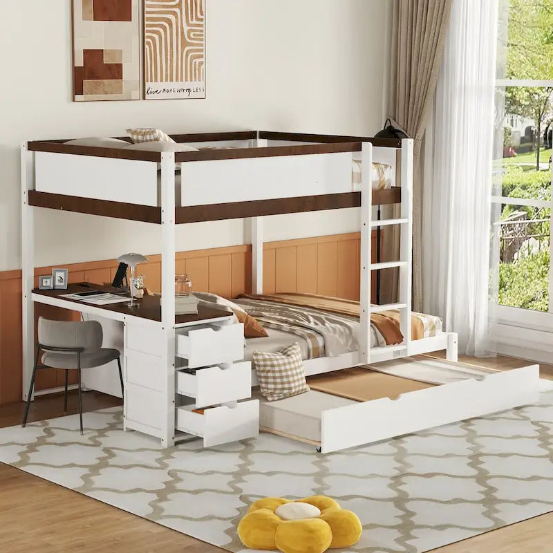 Lit superposé double avec lit gigogne, bureau et rangement blanc et noyer / blanc, 3 couchages