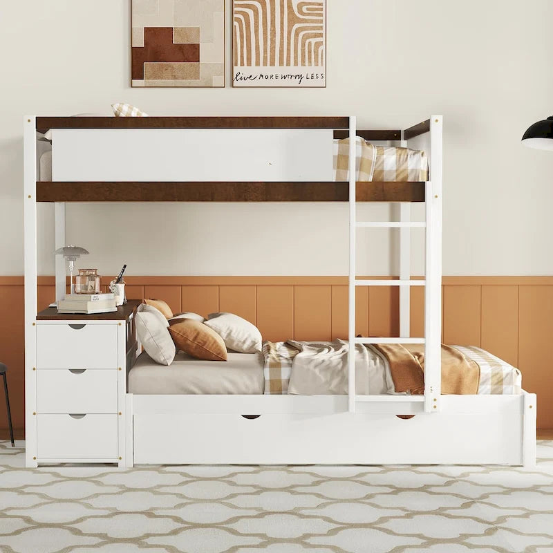 Lit superposé double avec lit gigogne, bureau et rangement blanc et noyer / blanc, 3 couchages