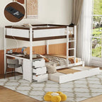 Lit superposé double avec lit gigogne, bureau et rangement blanc et noyer / blanc, 3 couchages