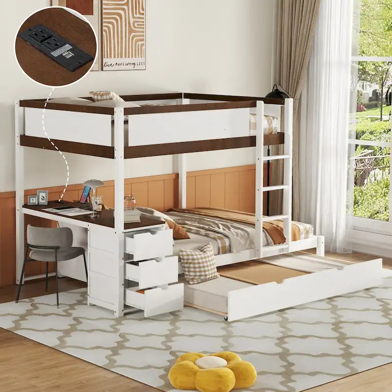 Lit superposé double avec lit gigogne, bureau et rangement blanc et noyer / blanc, 3 couchages