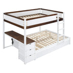 Lit superposé double avec lit gigogne, bureau et rangement blanc et noyer / blanc, 3 couchages