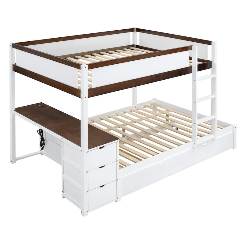 Lit superposé double avec lit gigogne, bureau et rangement blanc et noyer / blanc, 3 couchages