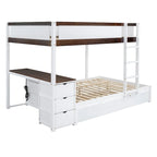 Lit superposé double avec lit gigogne, bureau et rangement blanc et noyer / blanc, 3 couchages
