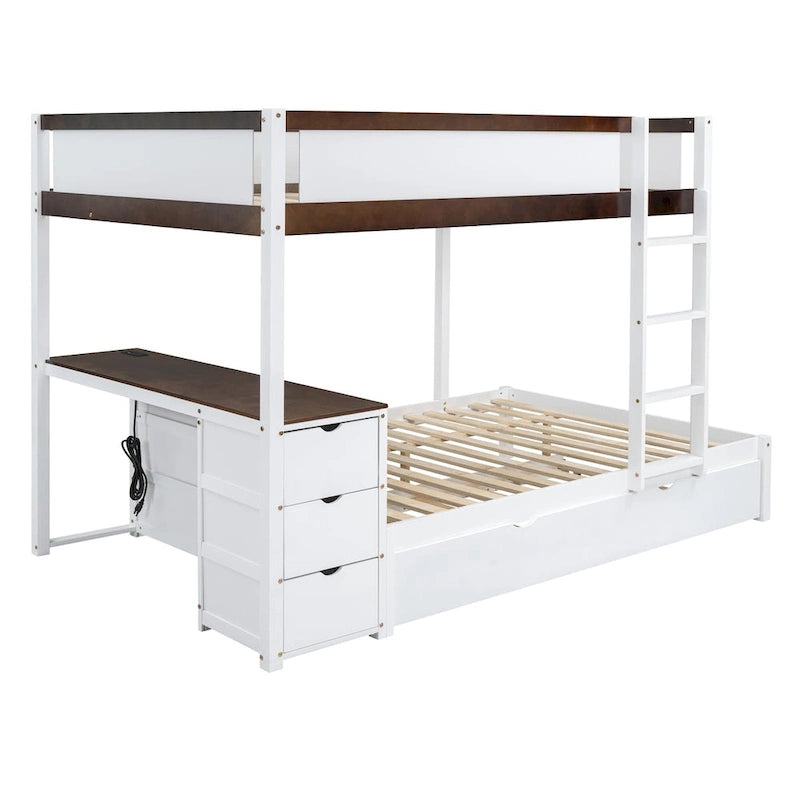 Lit superposé double avec lit gigogne, bureau et rangement blanc et noyer / blanc, 3 couchages