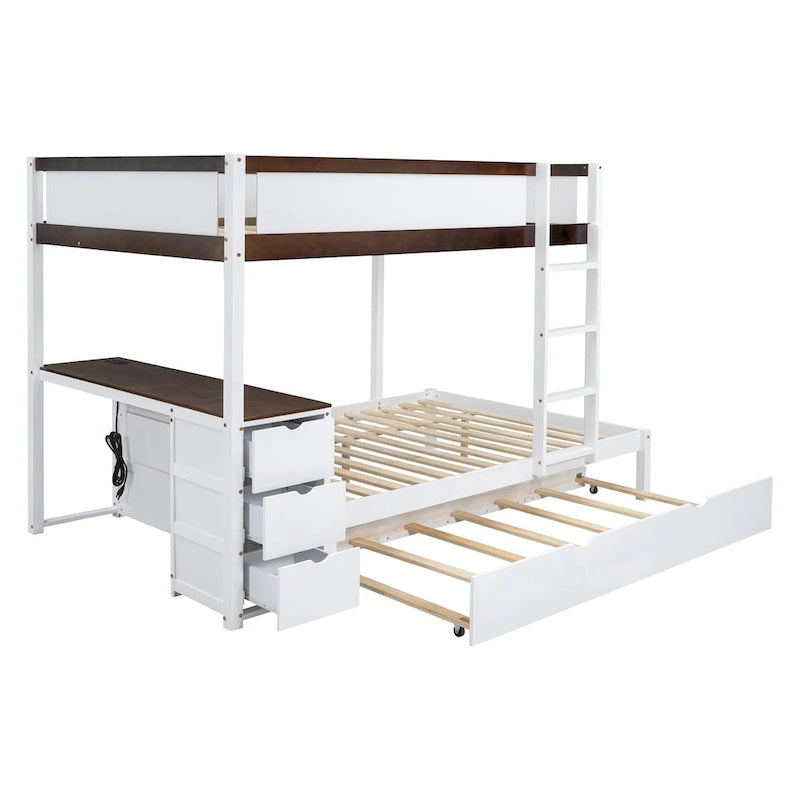 Lit superposé double avec lit gigogne, bureau et rangement blanc et noyer / blanc, 3 couchages