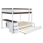 Lit superposé double avec lit gigogne, bureau et rangement blanc et noyer / blanc, 3 couchages