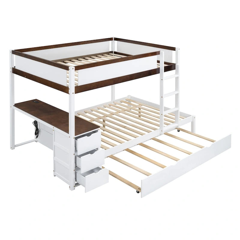 Lit superposé double avec lit gigogne, bureau et rangement blanc et noyer / blanc, 3 couchages
