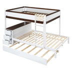 Lit superposé double avec lit gigogne, bureau et rangement blanc et noyer / blanc, 3 couchages