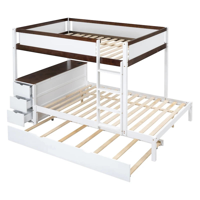 Lit superposé double avec lit gigogne, bureau et rangement blanc et noyer / blanc, 3 couchages