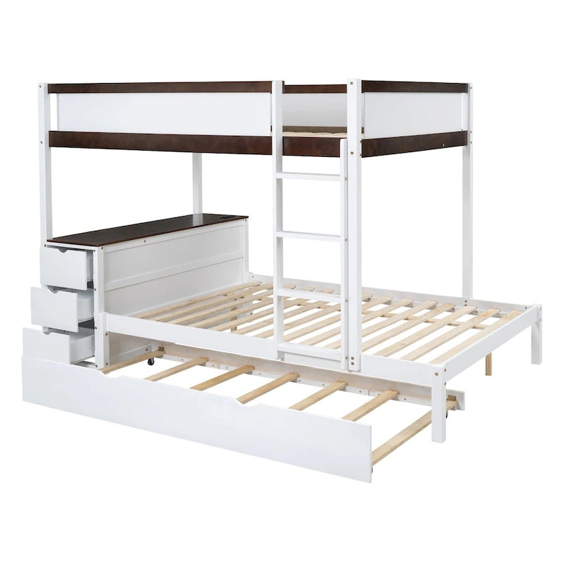 Lit superposé double avec lit gigogne, bureau et rangement blanc et noyer / blanc, 3 couchages