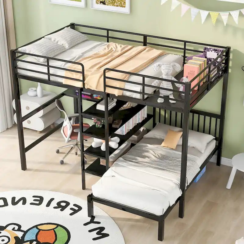 Lit superposé en métal une place et demie sur une place avec bureau et étagères, noir/blanc, 2 couchages